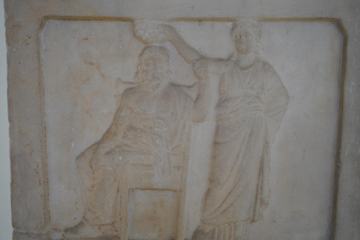 Marble Stele from the Agora of Athens depicting a standing figure of Demos crowning a seated figure representing the People of Athens