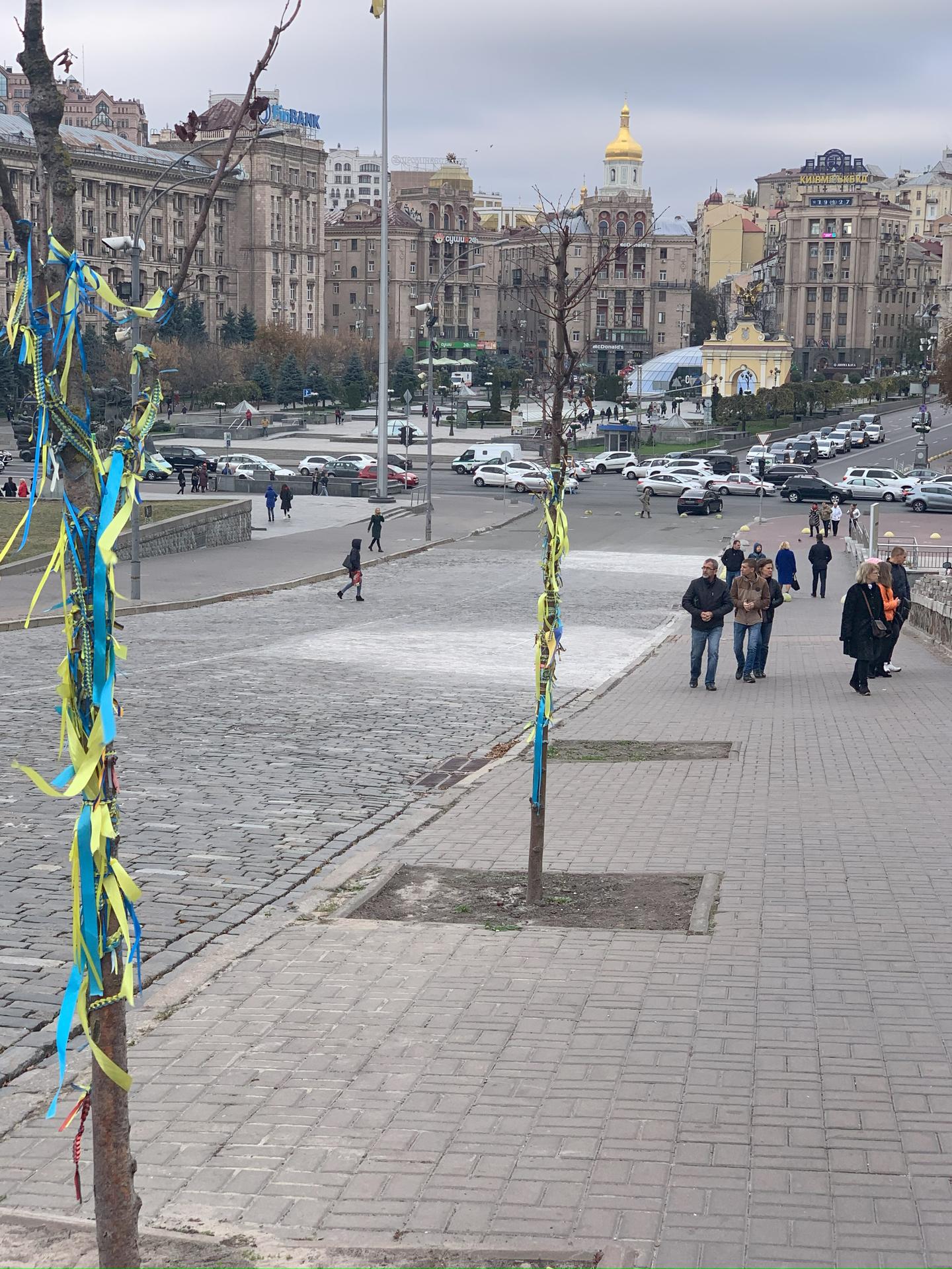 A view of the street of Independence Square in Kyiv, Ukrain, with blue and yellow streamers adorning the saplings in the sidewalk tree wells.
